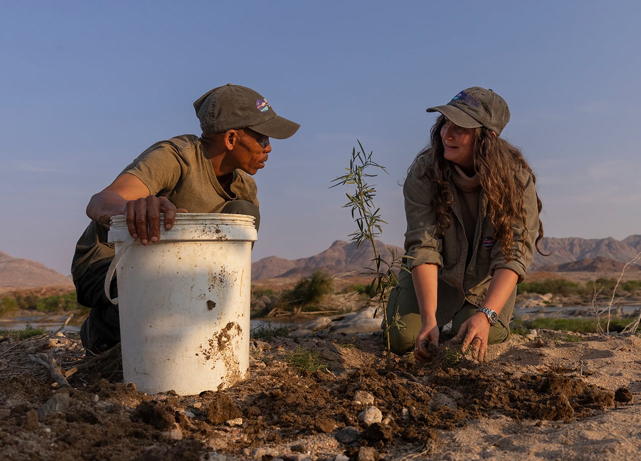 Andreia Pawel, cofundadora de ORKCA, y Cienna Babiep, guardabosques de ORKCA, plantan árboles autóctonos a lo largo de las orillas del río Orange para renaturalizar las riberas con vegetación nativa. Con el apoyo de la Iniciativa Perpetual Planet de Rolex, ORKCA planea restaurar todos los elementos naturales de un ecosistema próspero. Foto: © Rolex/James Kydd