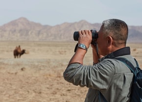 Liu Shaochuang, Laureado a los Premios Rolex a la Iniciativa 2023, observa un camello salvaje rescatado en la Reserva Natural de Camellos Salvajes de Annanba. (Foto: © Rolex/Liu Xiaoxue).